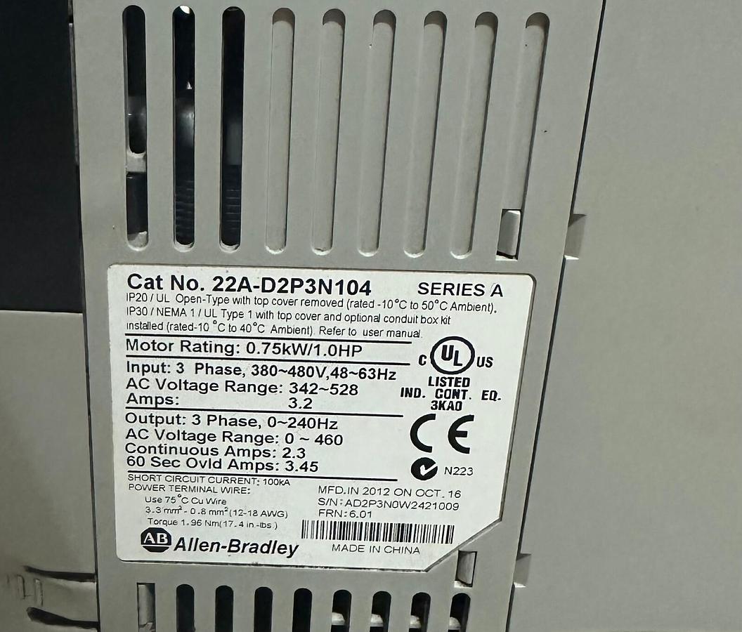 Used ALLEN BRADLEY 22A-D2P3N104 /A POWERFLEX 4 AC DRIVE 0.75kW/1.0HP 22AD2P3N104