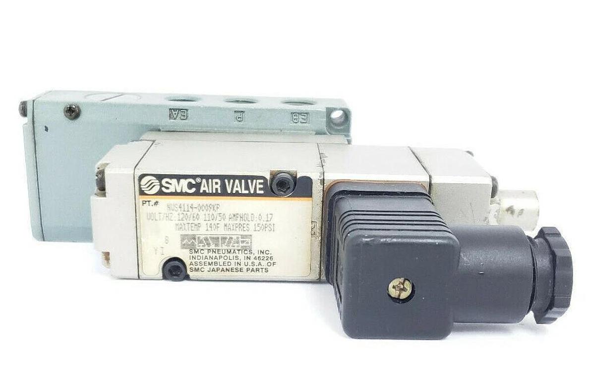 Used SMC NVS4114-0009KP5 SOLENOID VALVE 150PSI MAX 120VAC 60HZ W/ MANIFOLD BLOCK