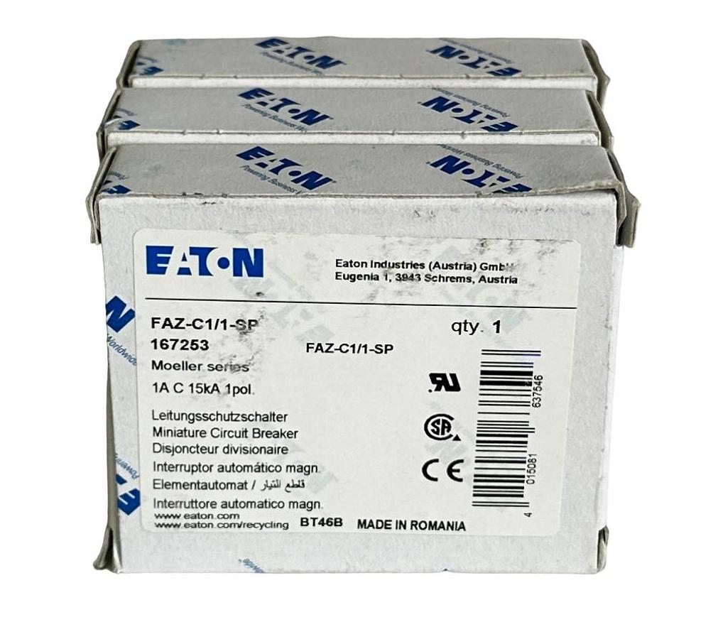 Used 3 NEW EATON FAZ-C1/1-SP / 167253 MOELLER SERIES 1A CIRCUIT BREAKER 1POL 15kA