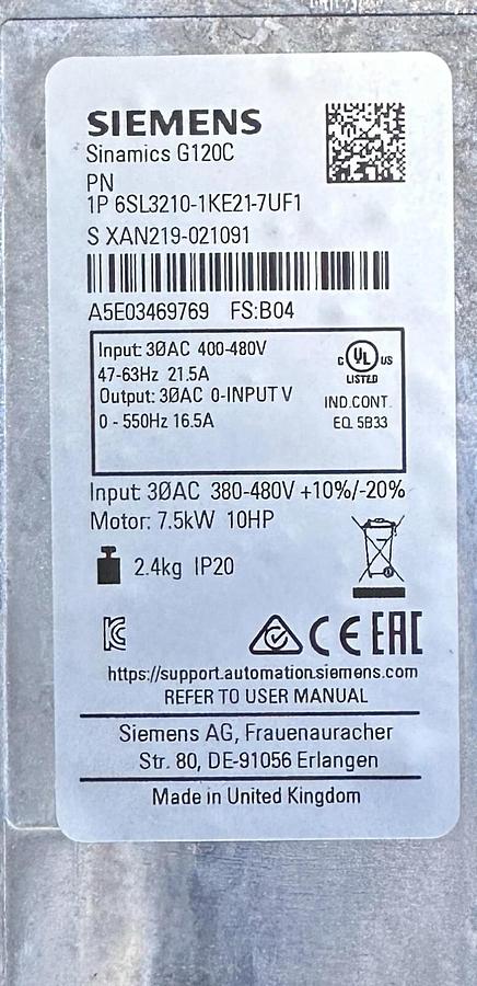 NEW SIEMENS 6SL3210-1KE21-7UF1 SINAMICS G120C FREQUENCY CONVERTER 7.5kW/10HP