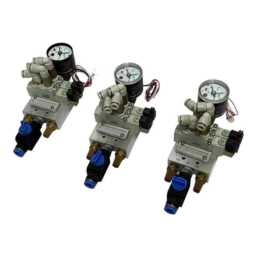 Used Lot of 3 TPC DV3120 Solenoid Valve Manifold Block SMC GP46 Pressure Gauge Switch