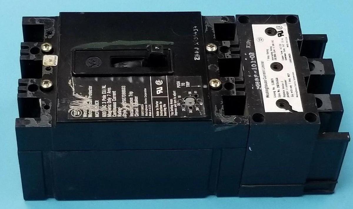 Used WESTINGHOUSE 2607D80G03 CIRCUIT BREAKER MCP0358CR , 7AMP 3POLE 600VAC, EL3007R