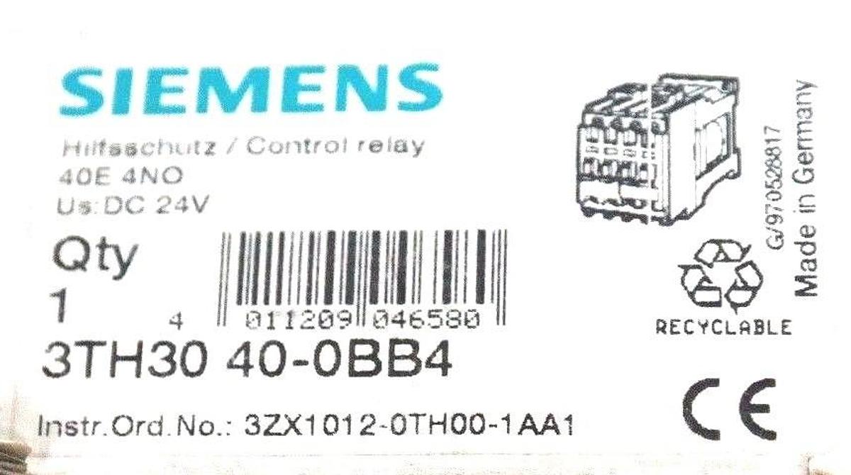 NIB SIEMENS 3TH30 40-0BB4 CONTROL RELAY 3TH30400BB4, 24V