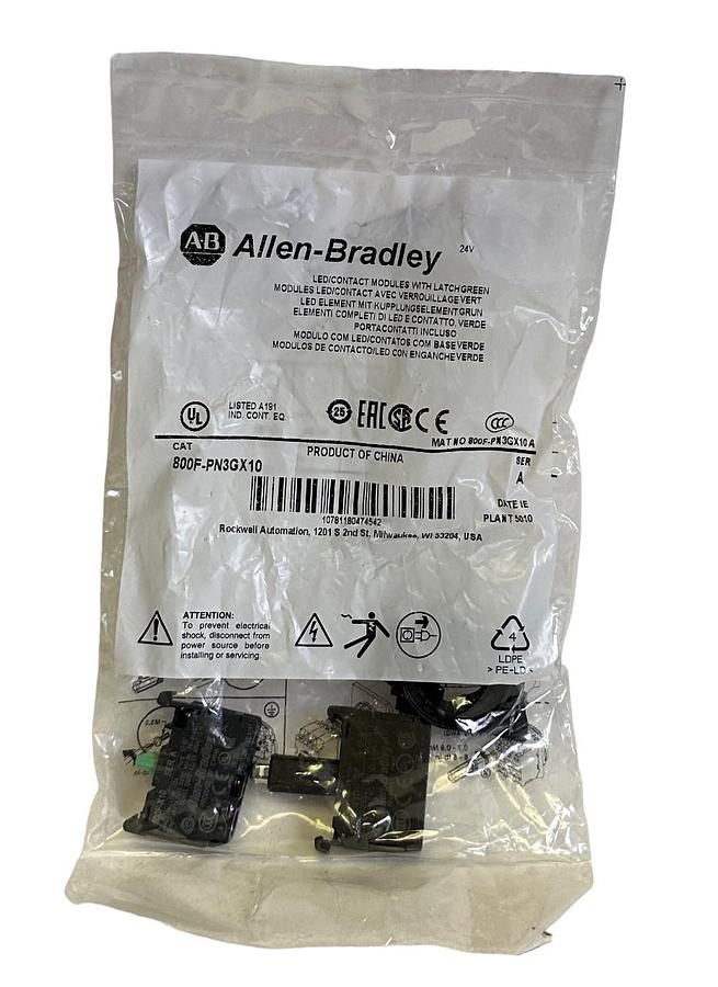 Used NEW ALLEN BRADLEY 800F-PN3GX10 /A LED/CONTACT MODULES W/ LATCH GREEN 800FPN3GX10