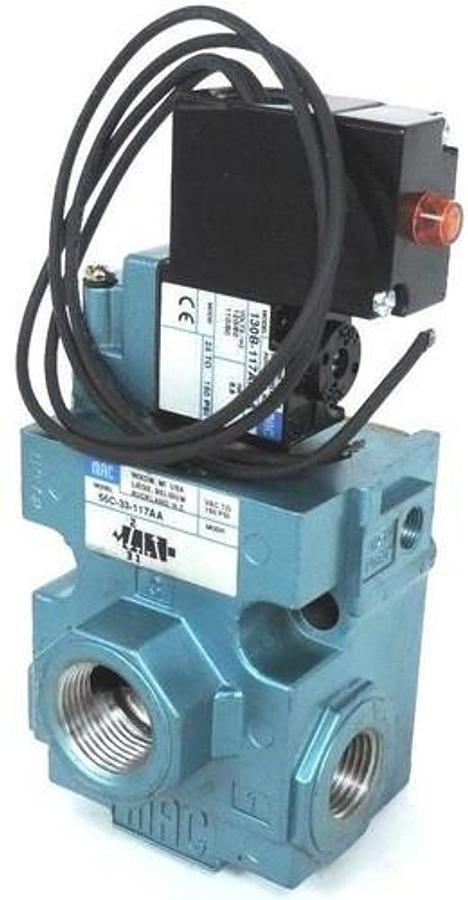 Used MAC 56C-33-117AA VALVE 120VAC 150PSI W/ SOLENOID 130B-117AAAA, 6.8W 25-150PSI