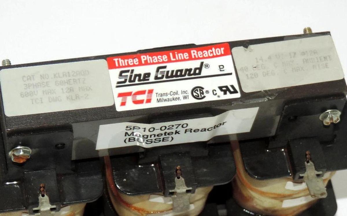 Used SINE GUARD KLA12AQD THREE PHASE LINE REACTOR 60 HZ 600V MAX 12A MAX 14.4 V
