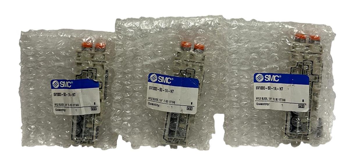 Used 3 SMC SV1000-50-1A-N7 / SV1000501AN7 MANIFOLD BLOCKS SS5V1 1/4'' TUBE FIT NSMP