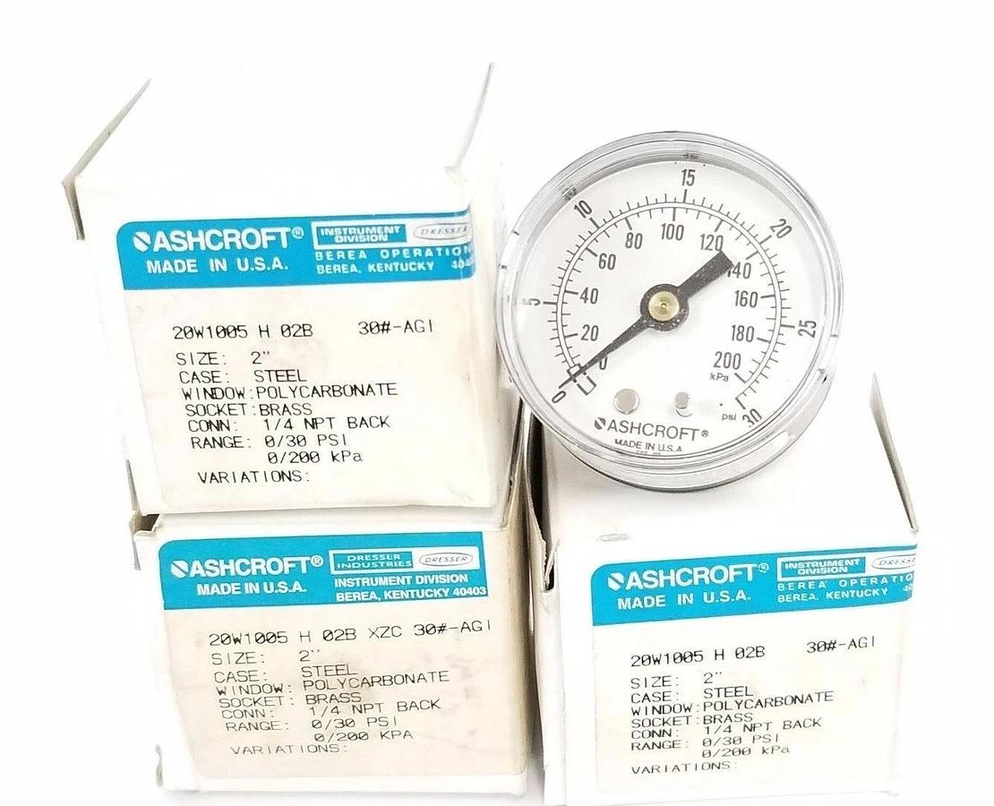 Used LOT OF 3 NIB ASHCROFT 20W1005H02B PRESS. GAUGE 1/4'' NPT, 0/30 PSI, 20W1005H02BX