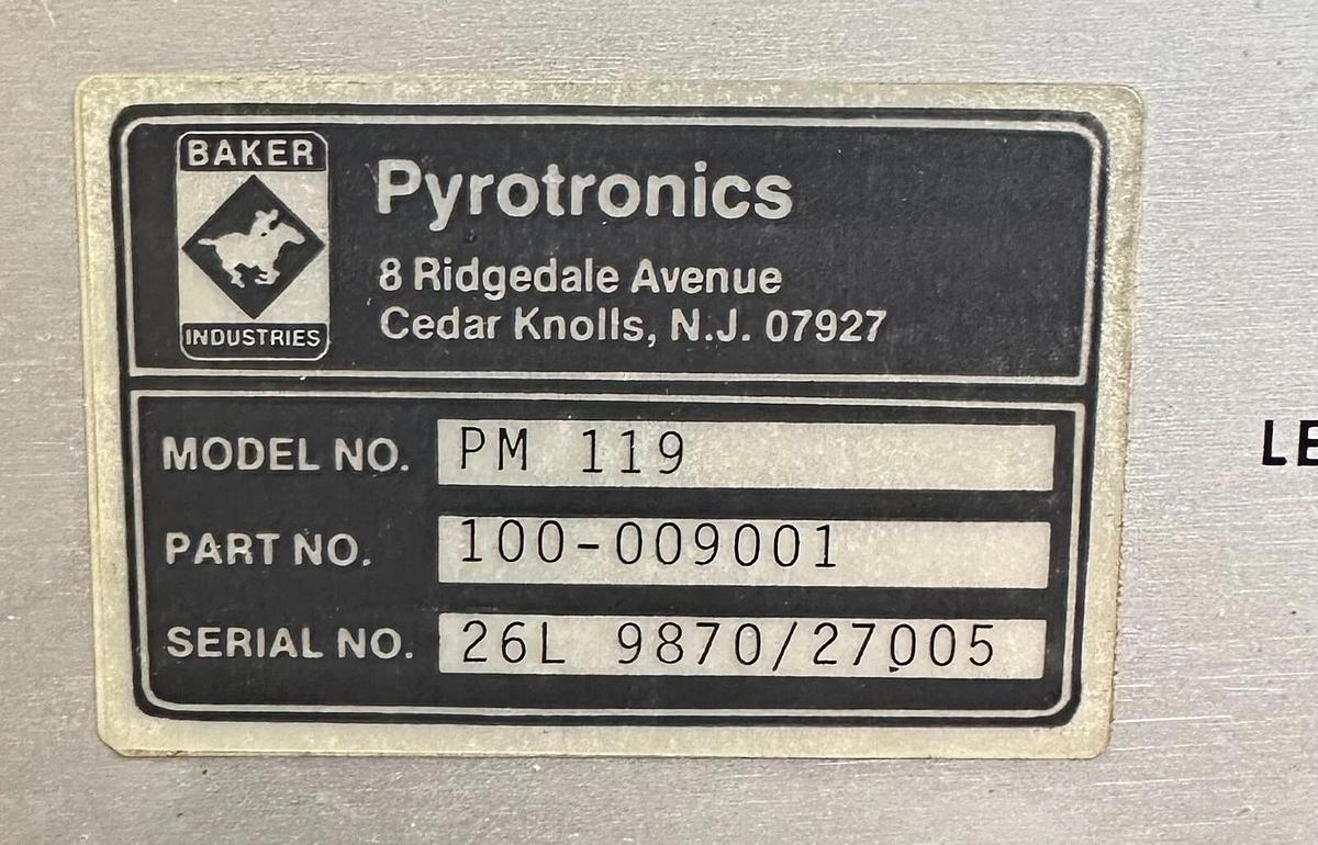 Used BAKER INDUSTRIES PM-119 / PM119 PYROTRONICS POWER SUPPLY 100-009001 / 100009001