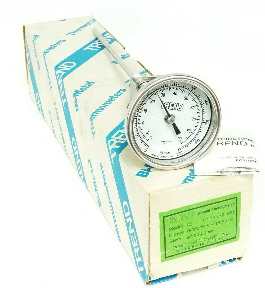 NIB TREND INSTRUMENTS MODEL 32 THERMOMETER 9'' STEM 228.6mm 0-200 DEG. F