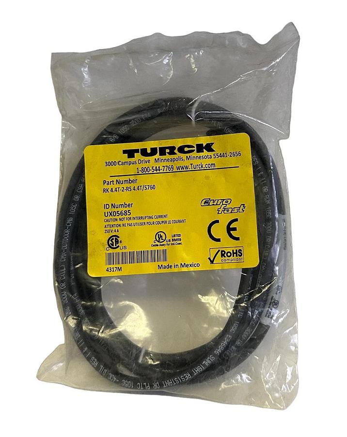 Used NEW TURCK RK 4.4T-2-RS 4.4T/S760 / RK44T2RS44TS760 M12 EURO CORDSET 2M UX05685