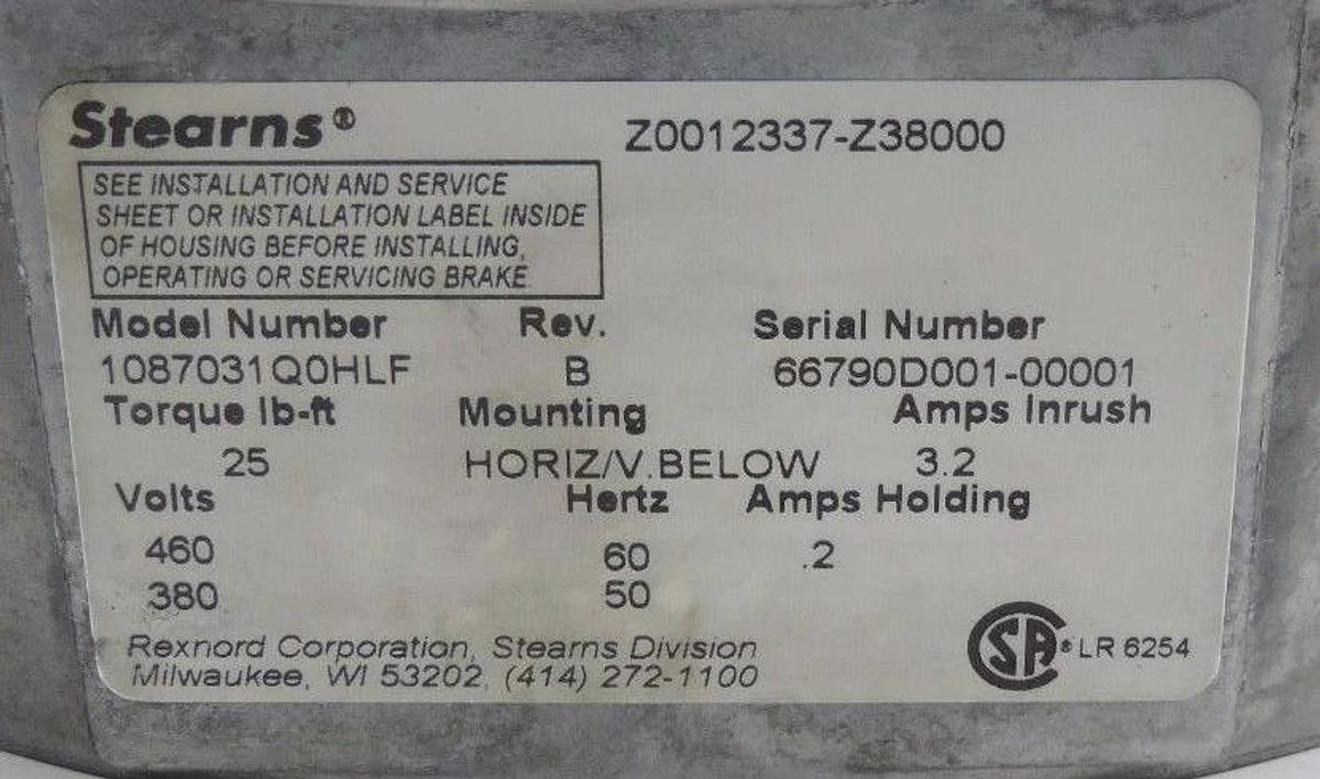 REXNORD STEARNS 1087031Q0HLF REV. B 87000 BRAKE ASSY-INT 25 LB-FT 380/460V NSMP
