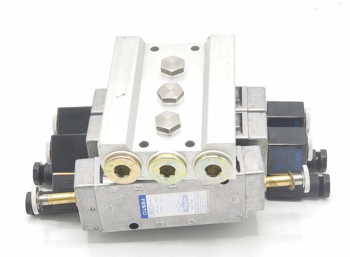 Used FESTO SOLENOID BLOCK VALVE ASSEMBLY JMFH-5-1/4-NPT, 10876, 0389 W/MSFW-110 COILS