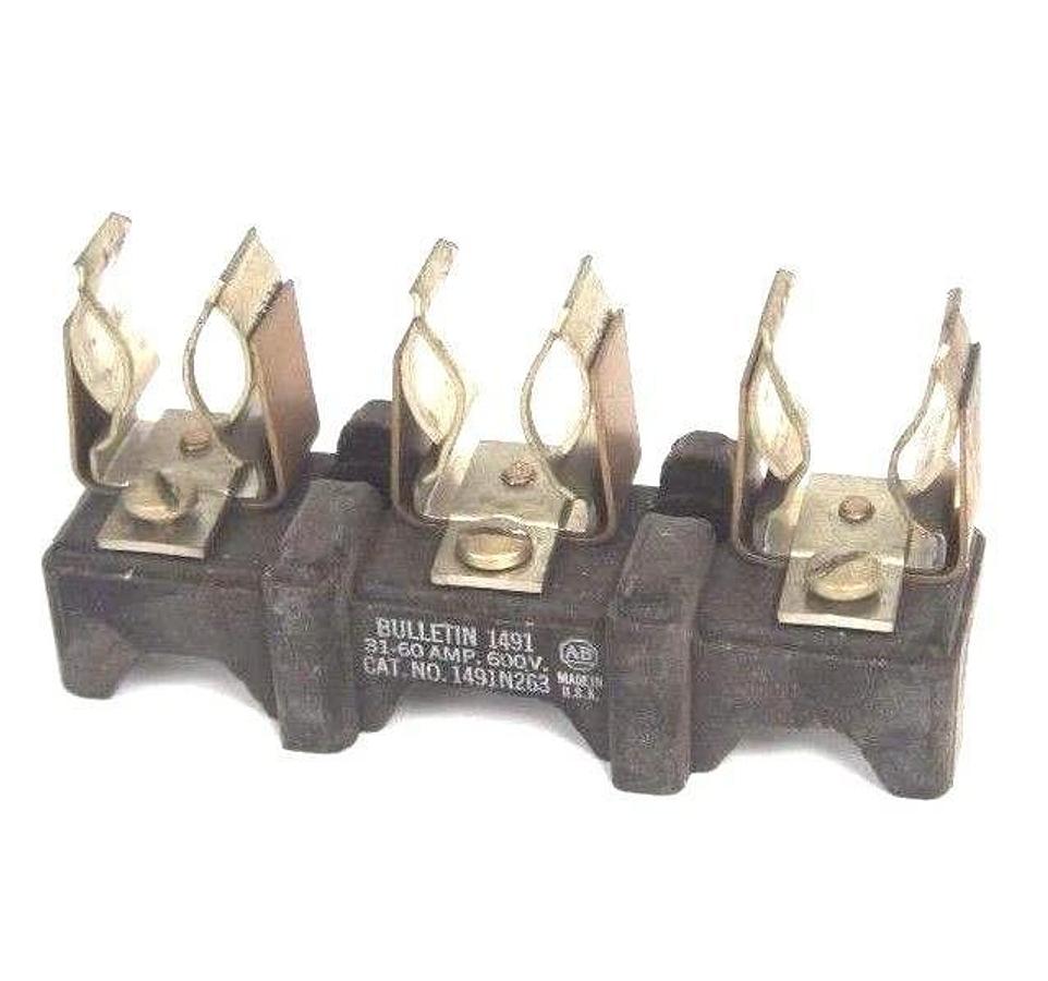 Used LOT OF 4 ALLEN BRADLEY 1491-N263 FUSE BLOCKS 31-60AMP, 600V, 3POLE, 1491N263