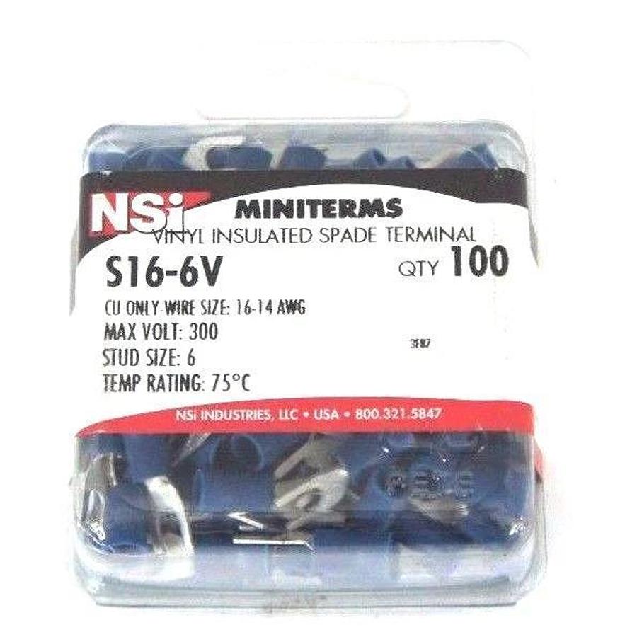 Used LOT OF 100 NEW NSI S16-6V VINYL INSULATED SPADE TERMINALS 16-14 AWG, 300 V MAX