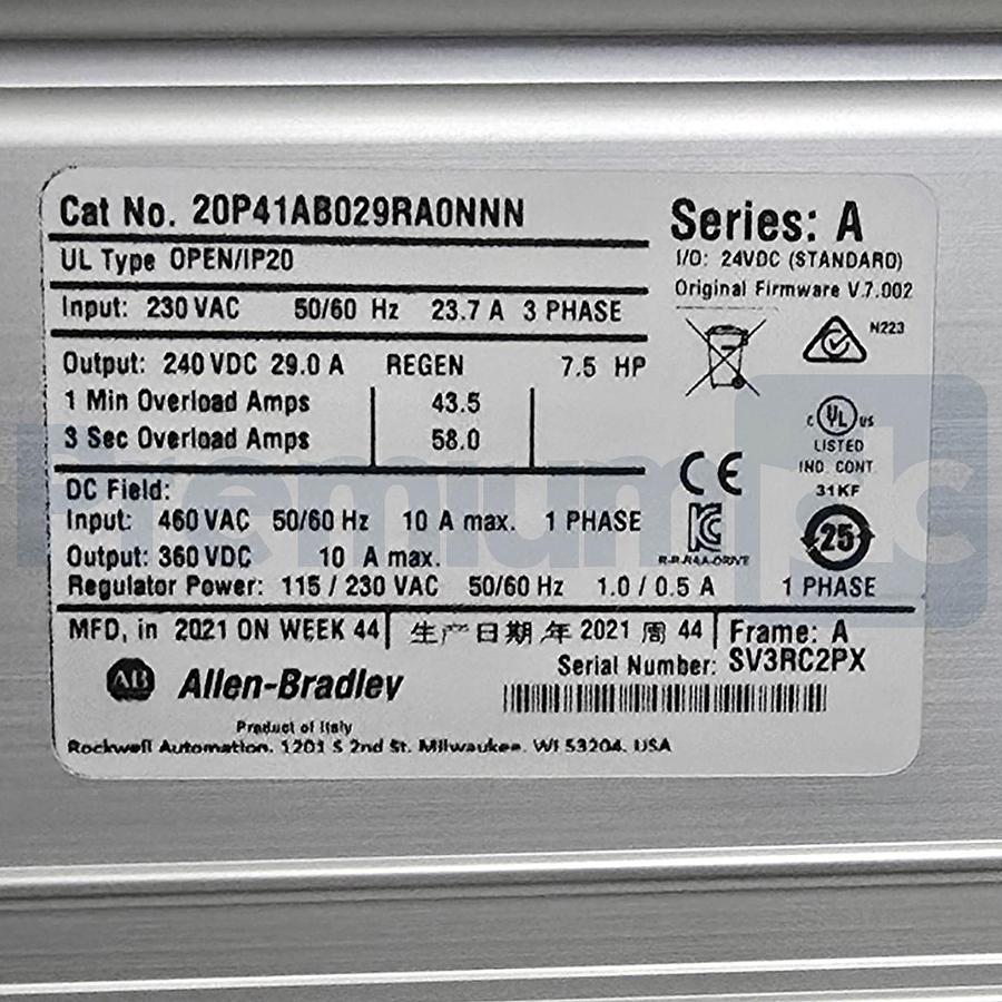 ALLEN BRADLEY 20P41AB029RA0NNN /A PowerFlex DC DRIVE 240VAC 3PH/29A 7.5HP NSMP