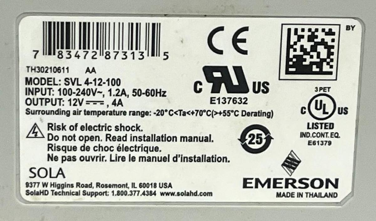 Lot of 3 Emerson SolaHD SVL 4-12-100 DIN Rail Power Supplies 12V 4A 48W