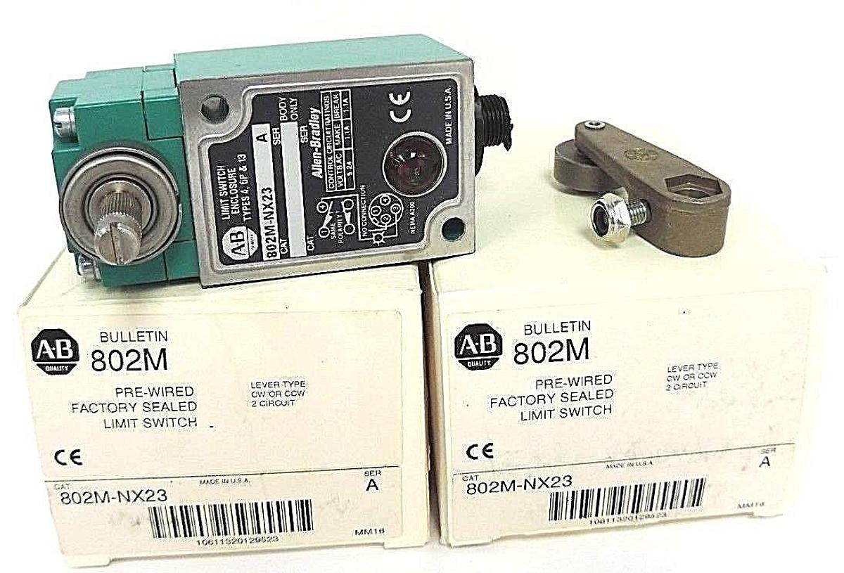 Used LOT OF 2 NIB ALLEN BRADLEY 802M-NX23 PRE-WIRED LIMIT SWITCHES 802MNX23, SER. A