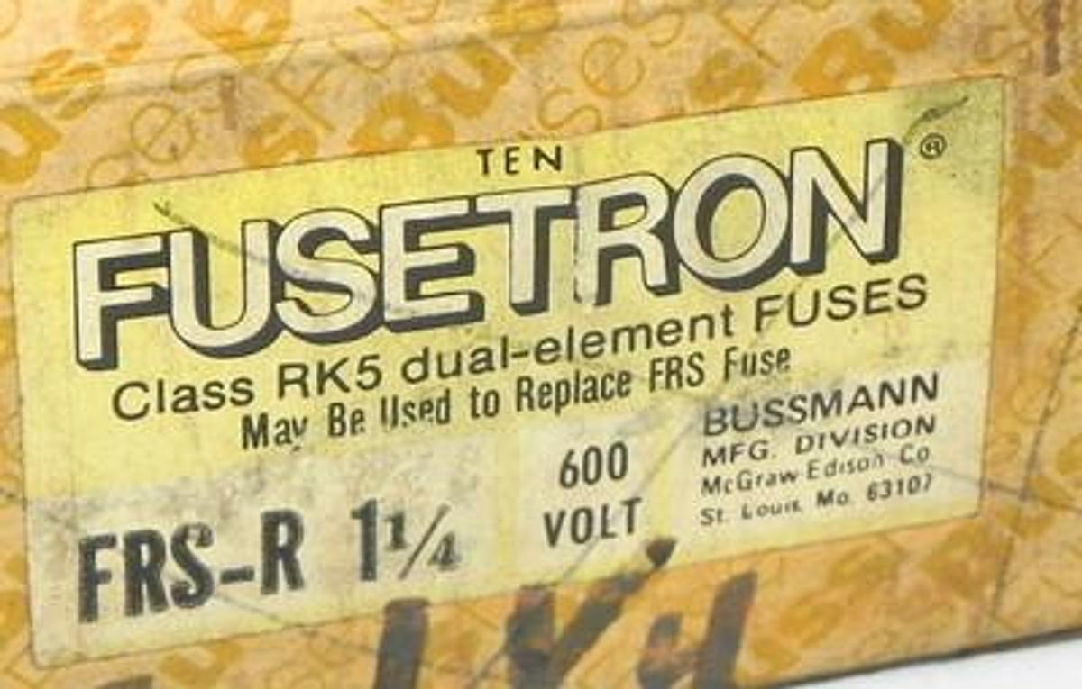 Used BOX OF 10 BUSSMANN FUSETRON FRS-R-1-1/4 FUSES 1.25AMP 600V CLASS RK5 TIME DELAY