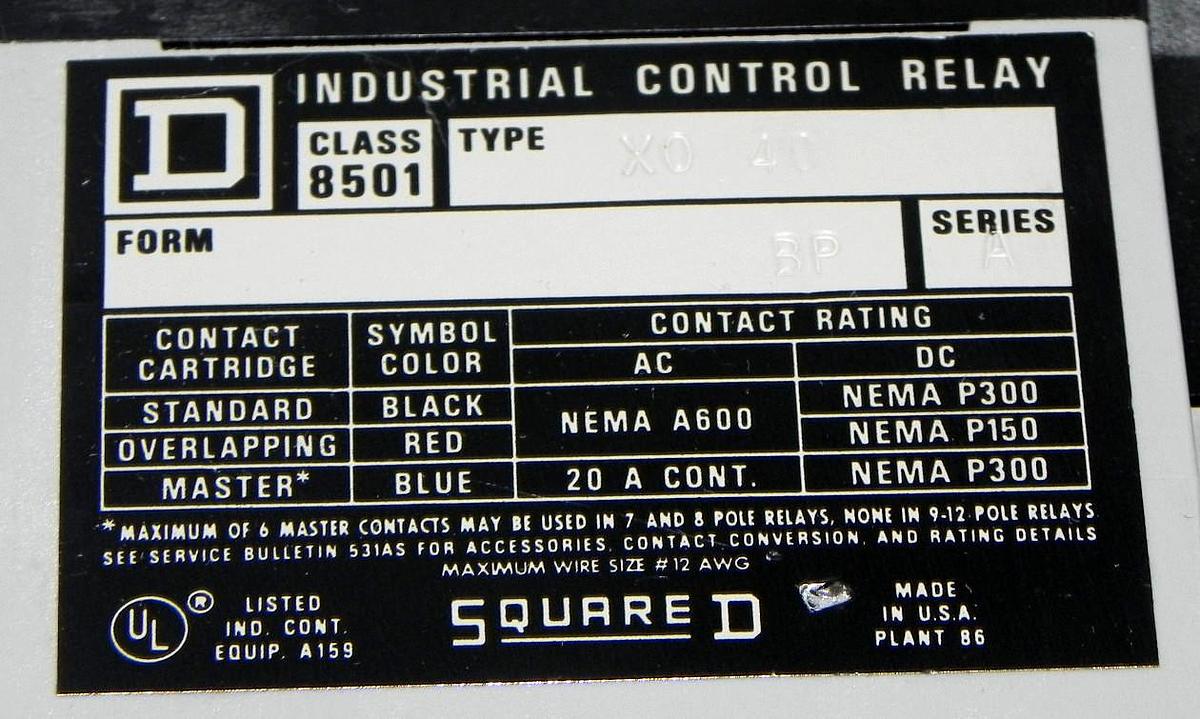 Used SQUARE D 8501-X040 CONTROL RELAY 8501X040 W/ 9998X44 COIL