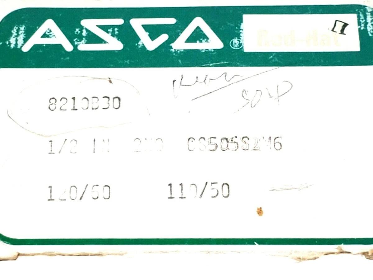 NIB ASCO 8210B30 SOLENOID VALVE PIPE: 1/2'' VOLTS/HZ: 120/60 110/50