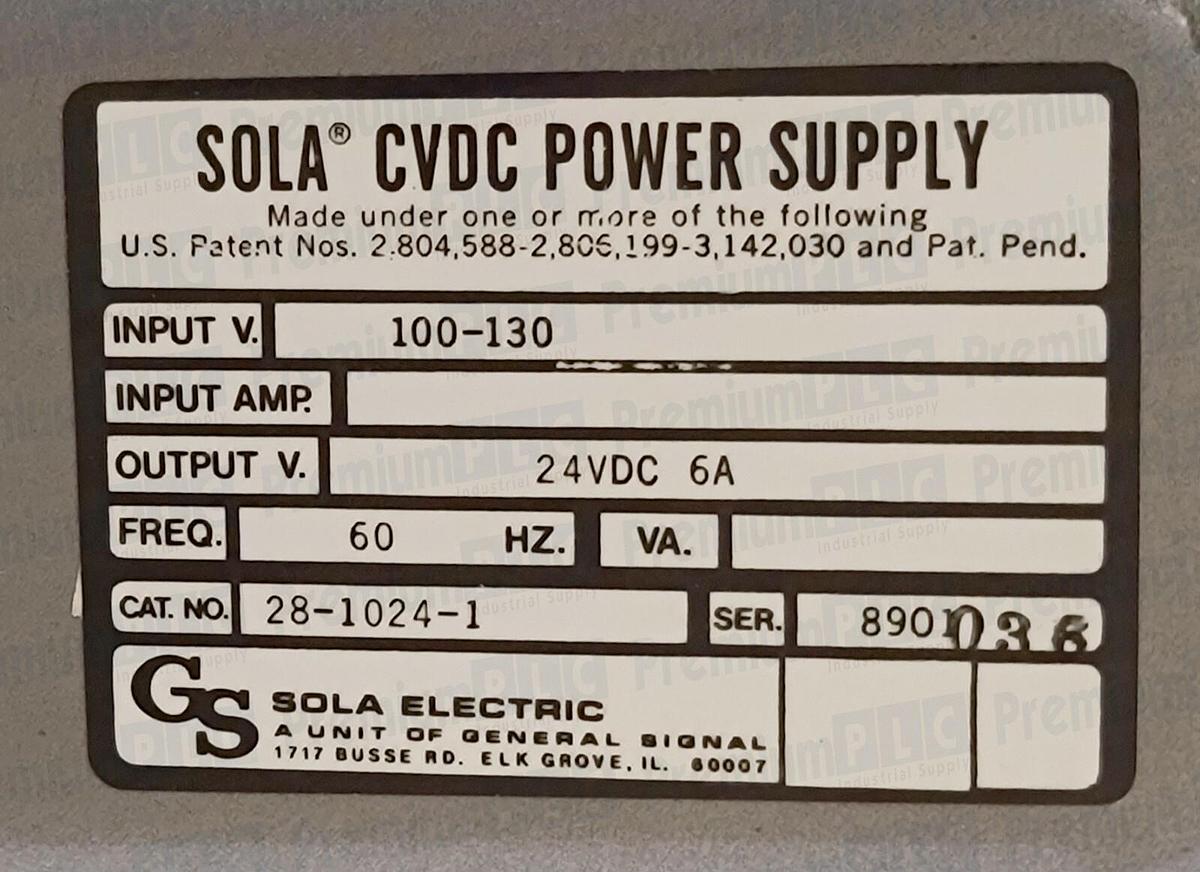 Used NEW SOLA 28-1024-1 SER. 8901 CVDC POWER SUPPLY IN 100-130V OUT. 24VDC 6A 2810241