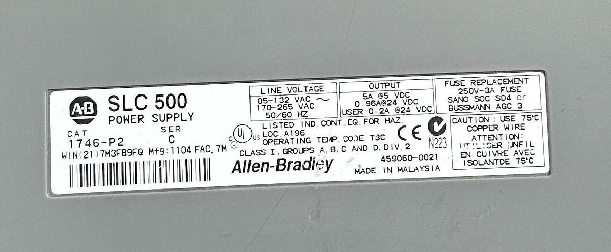 Used ALLEN BRADLEY 1746-P2 /C SLC 500 POWER SUPPLY W/ 1746-A7 /B 7-SLOT PLC CHASSIS