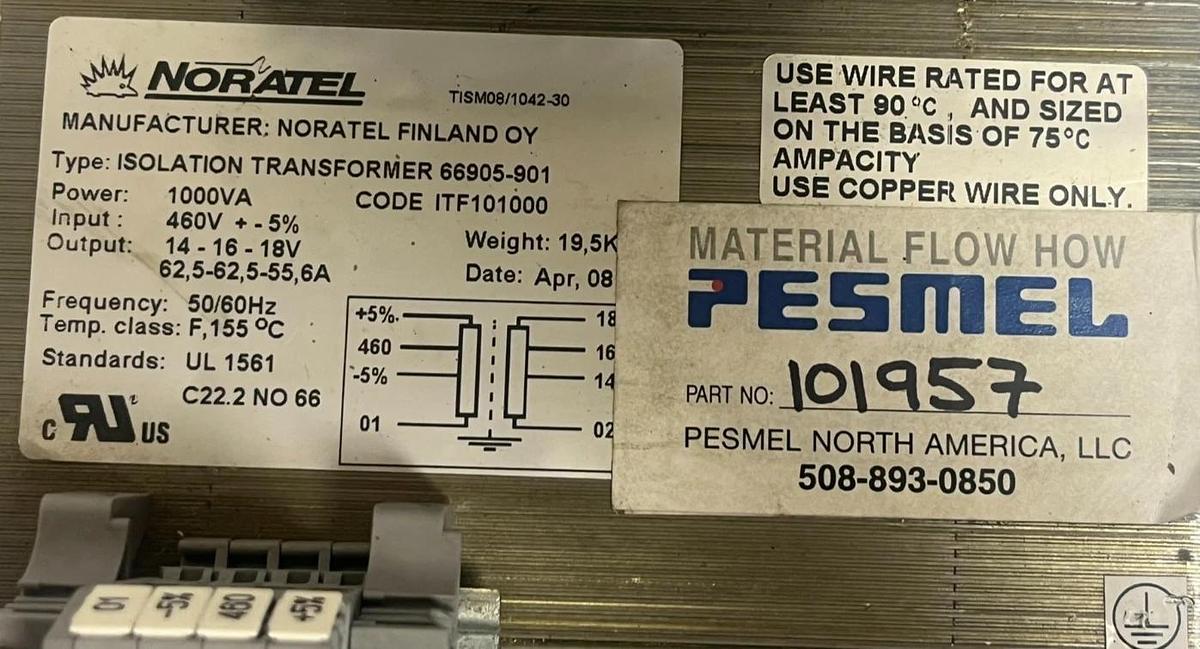 NORATEL 66905-901 Isolation Transformer 1000VA 460V In 14-16-18V Out 6A 50/60Hz