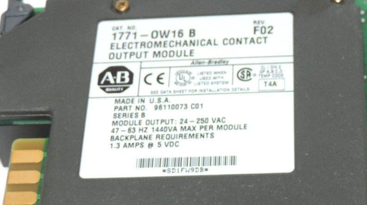 Used ALLEN BRADLEY 1771-OW16 ELECTROMECHANICAL CONTACT OUTPUT MODULE SER. B, REV. F02