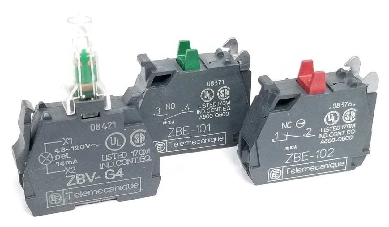 Used LOT OF 3 TELEMECANIQUE CONTACT BLOCKS (1) ZBV-G4 (1) ZBE-101 (1) ZBE-102