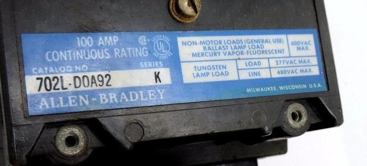 Used ALLEN BRADLEY 702L-DOA92 SER. K SIZE 2 STARTER 600V W/ 73A83 240V COIL