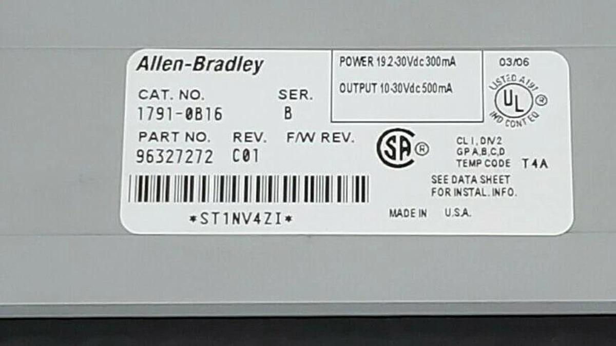 Used ALLEN BRADLEY 1791-0B16 I/O BLOCK 17910B16 SER. B REV. C01, 24VDC, MISSING DOOR