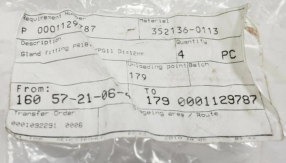 LOT OF 4 NEW GENERIC PR18.6 / PG11 GLAND FITTINGS, 12MM DIAMETER, 352136-0113
