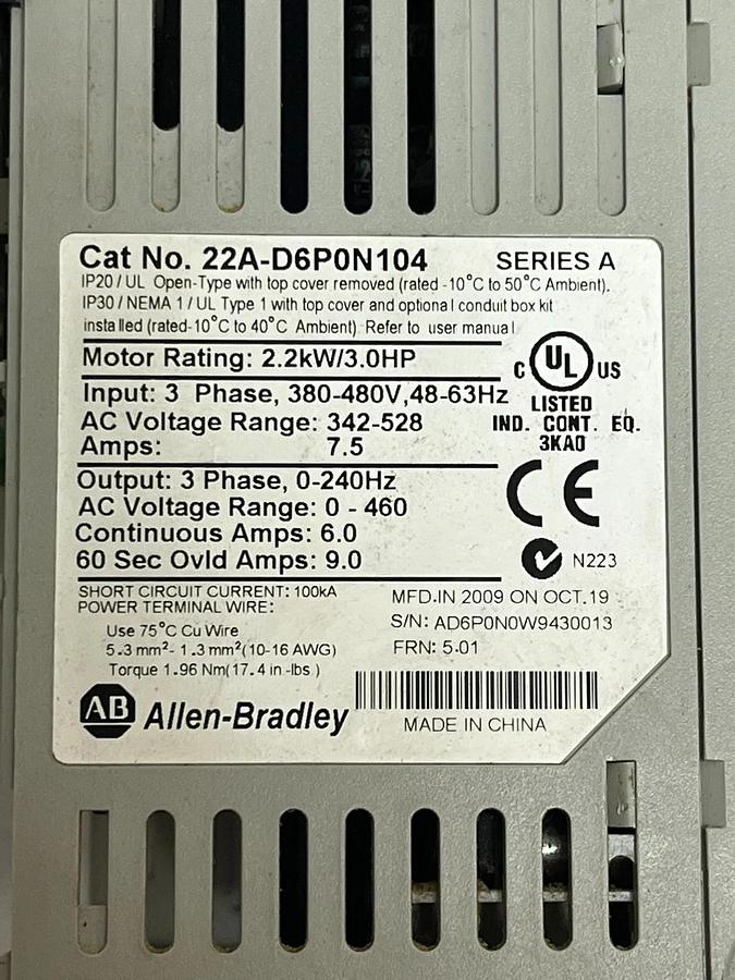 Used Allen-Bradley 22A-D6P0N104 PowerFlex 4 VFD 3HP 480V 3-Phase AC Motor Drive