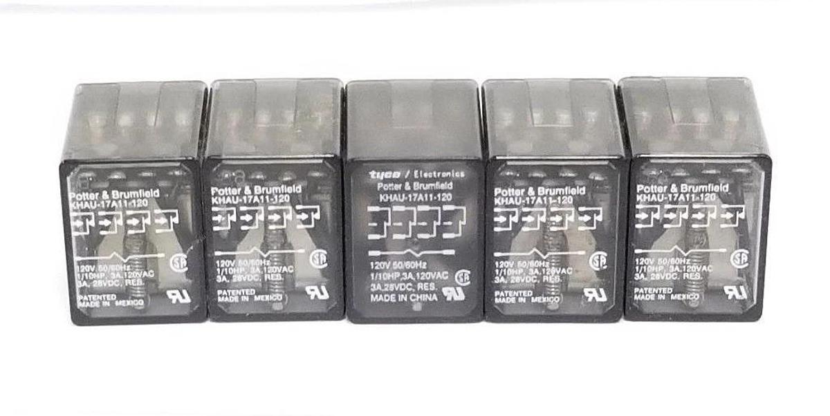 Used LOT OF 5 POTTER & BRUMFIELD KHAU-17A11-120 RELAYS, 120V 50/60HZ, KHAU17A11120