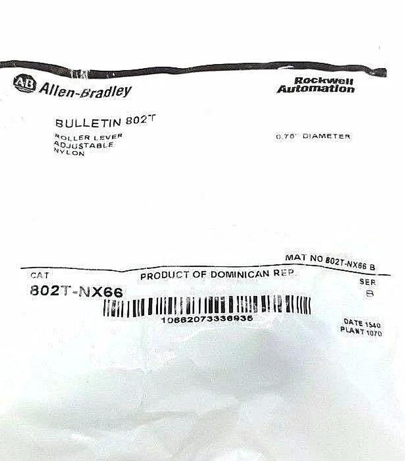Used NIB ALLEN BRADLEY 802T-NX66 ROLLER LEVER ADJUSTABLE NYLON 802TNX66. SER. B