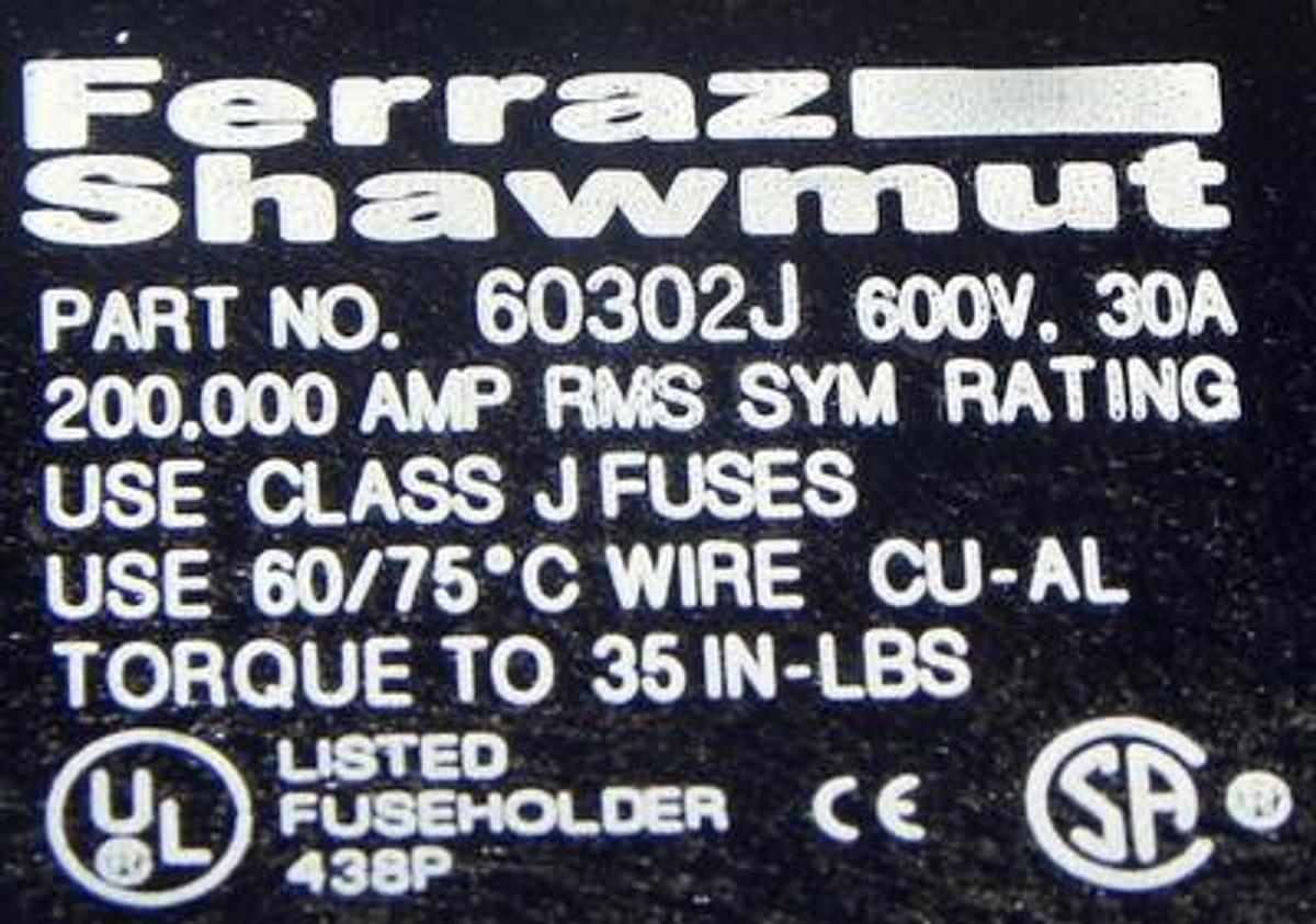 Used NEW FERRAZ SHAWMUT 60302J FUSE BLOCK 30AMP 600V