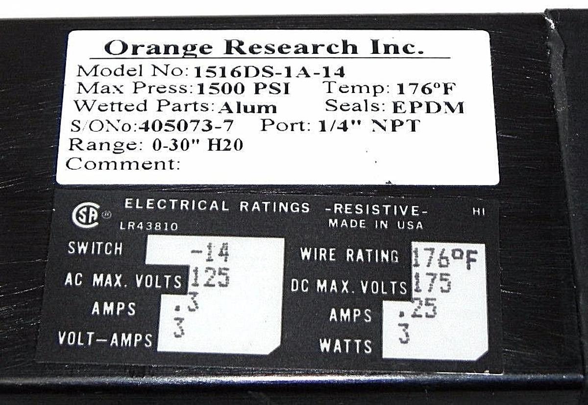 Used NEW ORANGE RESEARCH INC. 1516DS-1A-14 FLOW CONTROL DIFFERENTIAL, 1516DS1A14