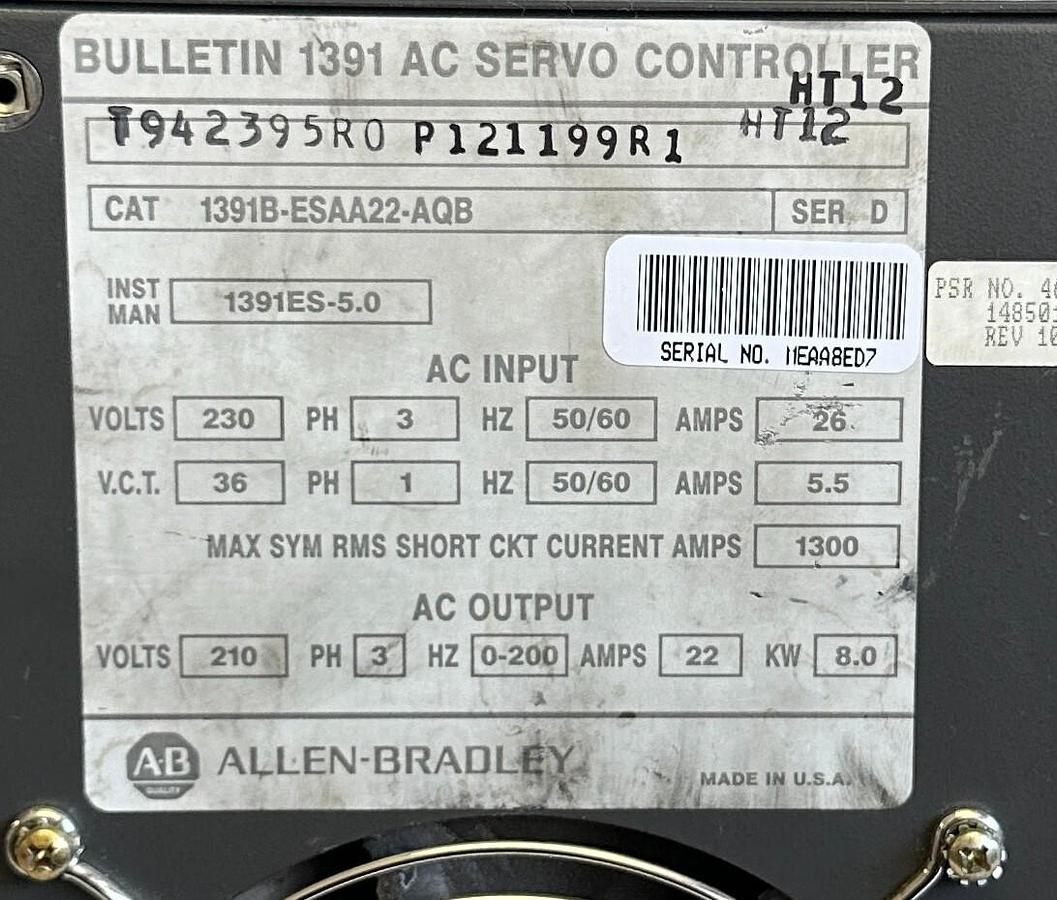 Used REPAIRED ALLEN BRADLEY 1391B-ESAA22-AQB /D AC SERVO CONTROLLER 8kW 22A 3-PHASE
