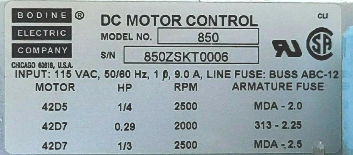 Used BODINE ELECTRIC CO. MODEL: 850 DC MOTOR CONTROL INPUT: 115 VAC, 50/60HZ 9.0A