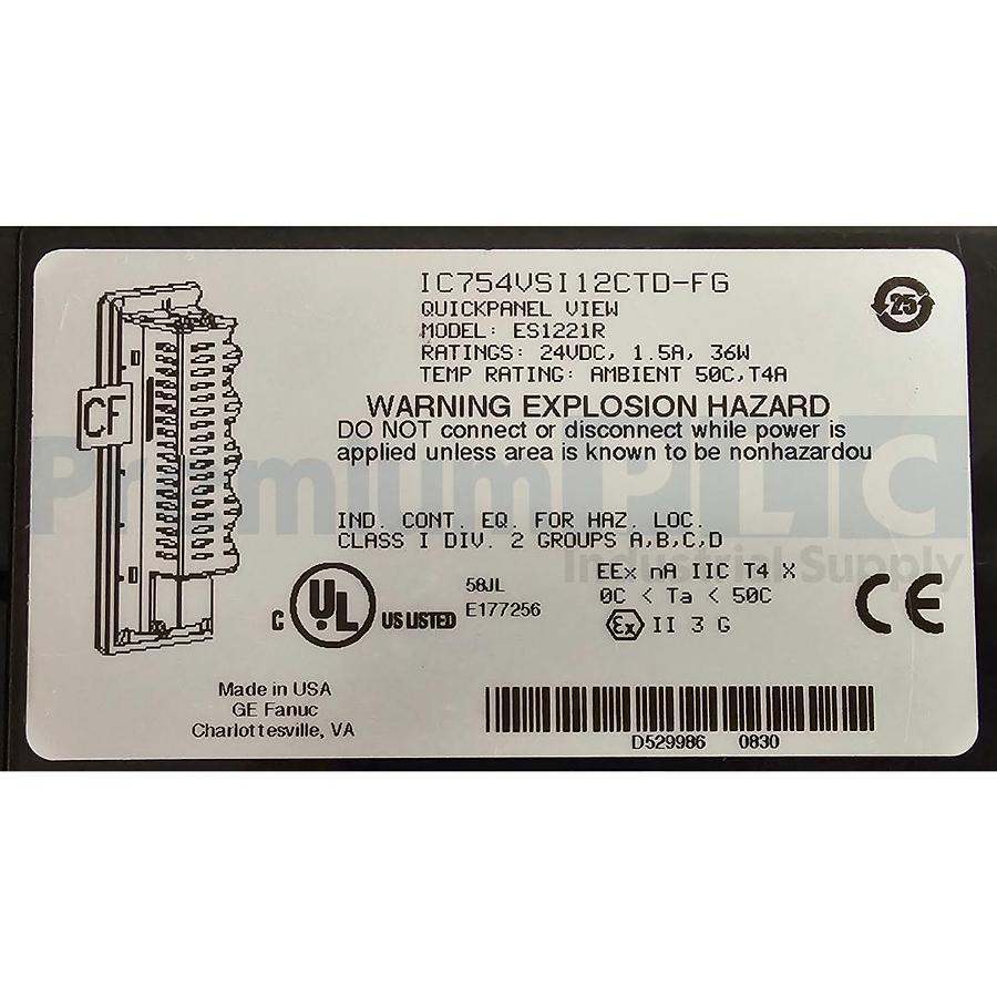 Used GE Fanuc IC754VSI12CTD-FG QuickPanel View 12" HMI Panel 24VDC ES1221R Reman.