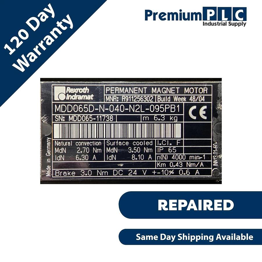 Refurbished REPAIRED REXROTH INDRAMAT MDD065D-N-040-N2L-095PB1 SERVO MOTOR R911256302
