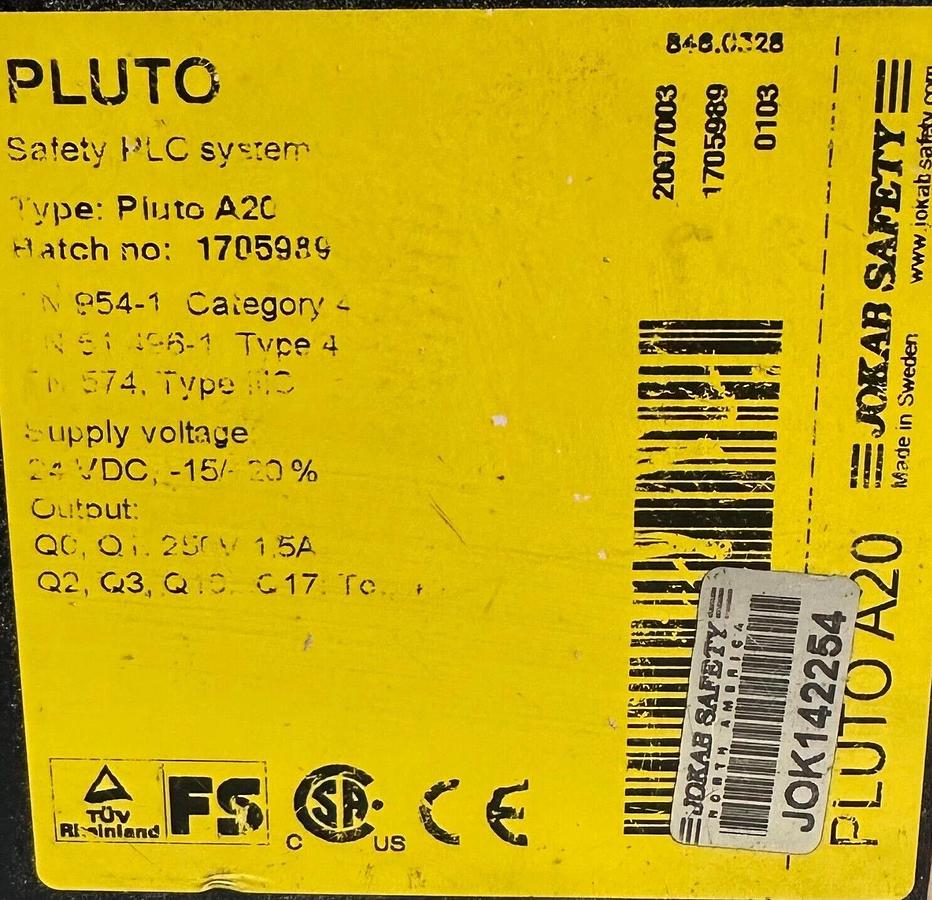 Used JOKAB SAFETY PLUTO A20 SAFETY PLC SYSTEM 1705989 24Vdc 20 I/O 8FS IN 8FS OUT