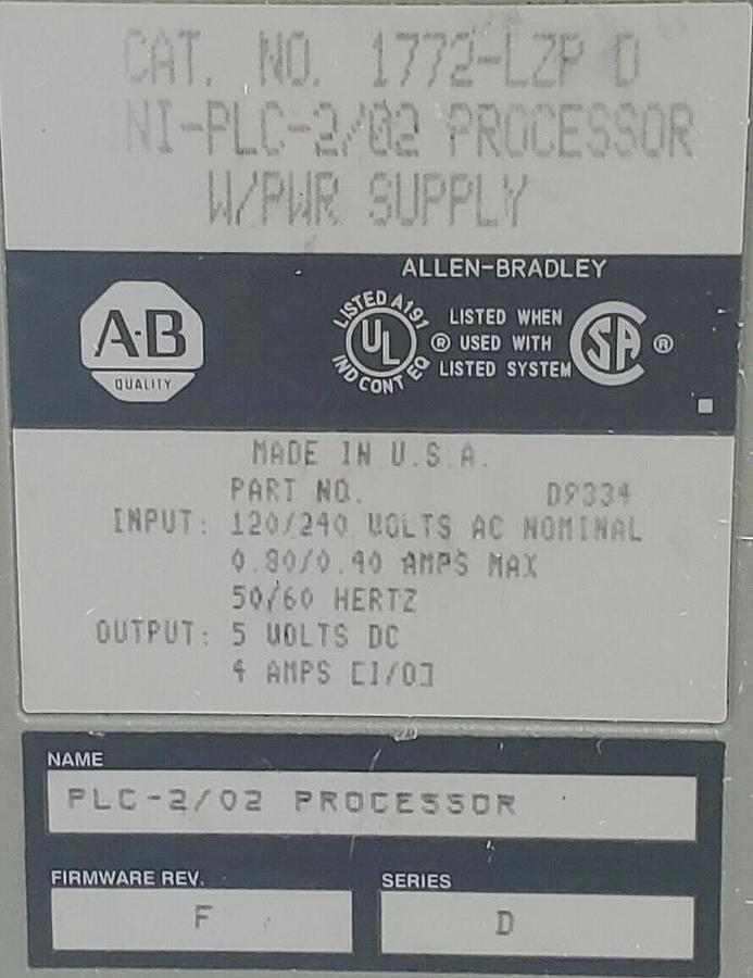 Used ALLEN BRADLEY 1772-LZP SER. D PROCESSOR W/ PWR SUPPLY 1772LZP
