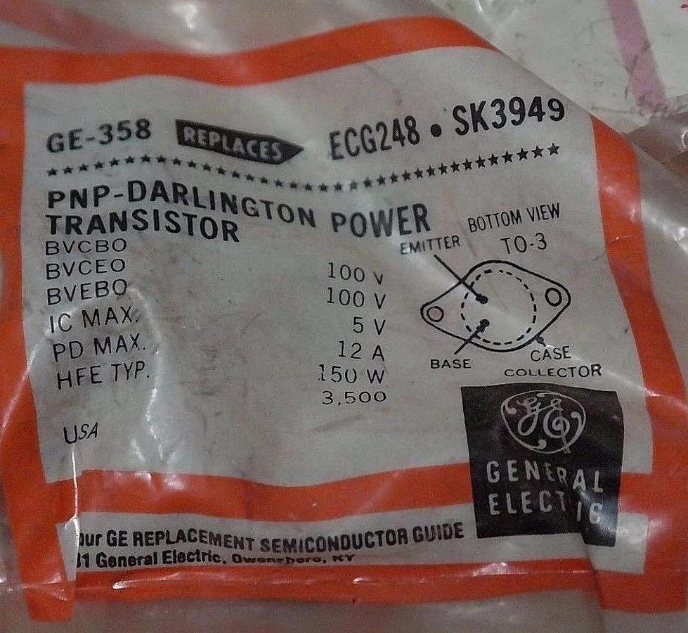 Used LOT OF 5 NEW RCA GE SK3949 PNP-DARLINGTON POWER TRANSISTORS GE-358, ECG248