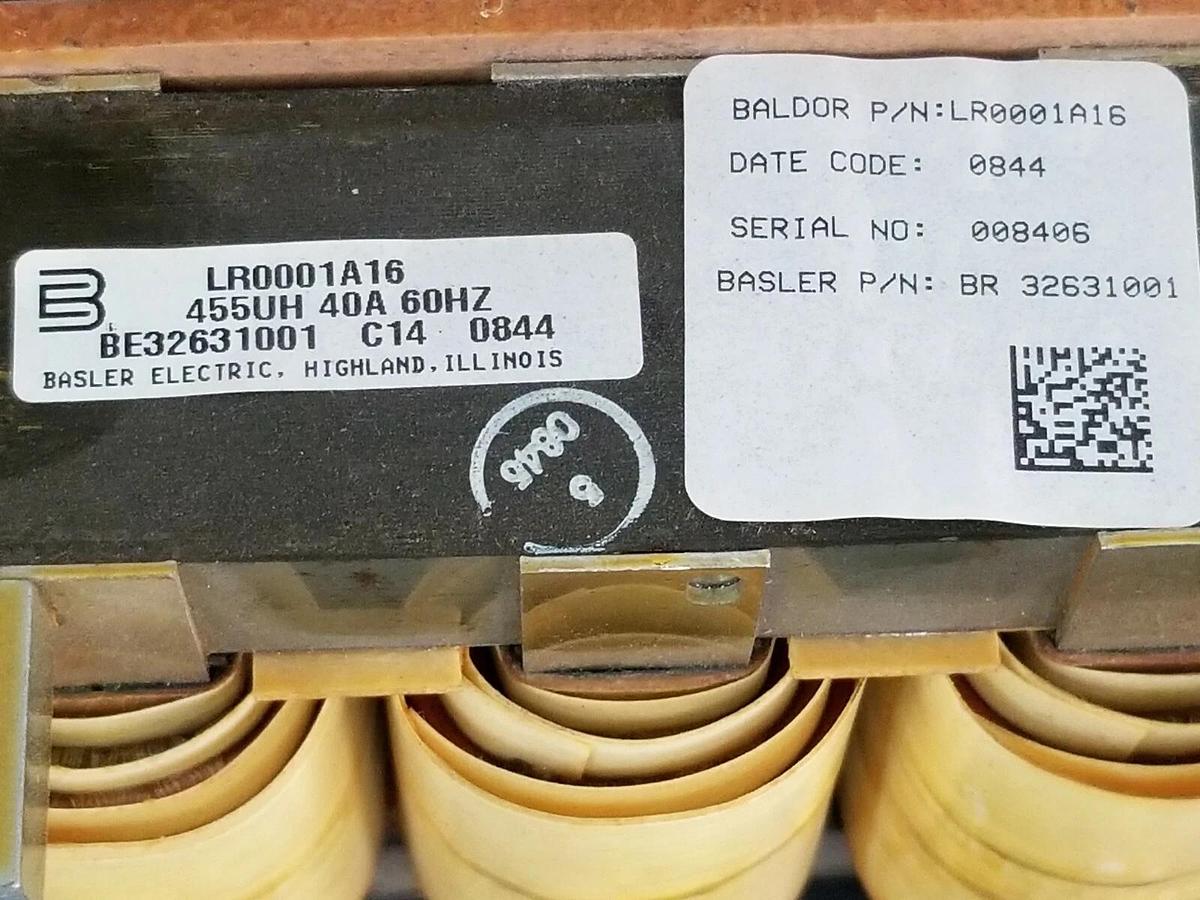 Used BALDOR / BASLER LR0001A16 REACTOR TRANSFORMER 455UH 40A 60HZ BR-32631001