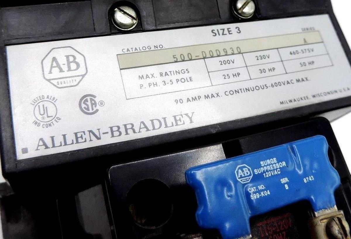 Used ALLEN BRADLEY 500-DOD930 SER. A SIZE 3 STARTER 90A 600V W/ CD236 COIL