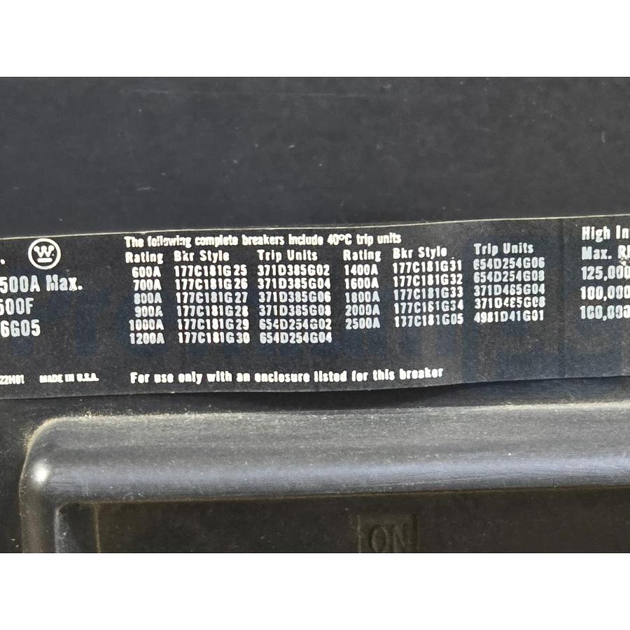 Used Westinghouse PB22500F 2500A 2-Pole 600V Circuit Breaker 654D456G05 w/ 2000A Trip