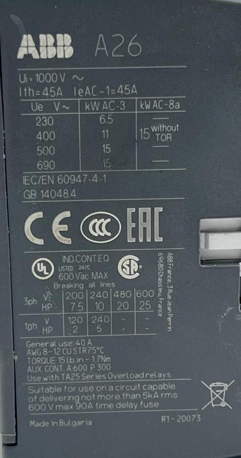 ABB A26-30-10 R84 Contactor 110-120V AC 3-Pole 26A 1 NO Auxiliary, NSNP