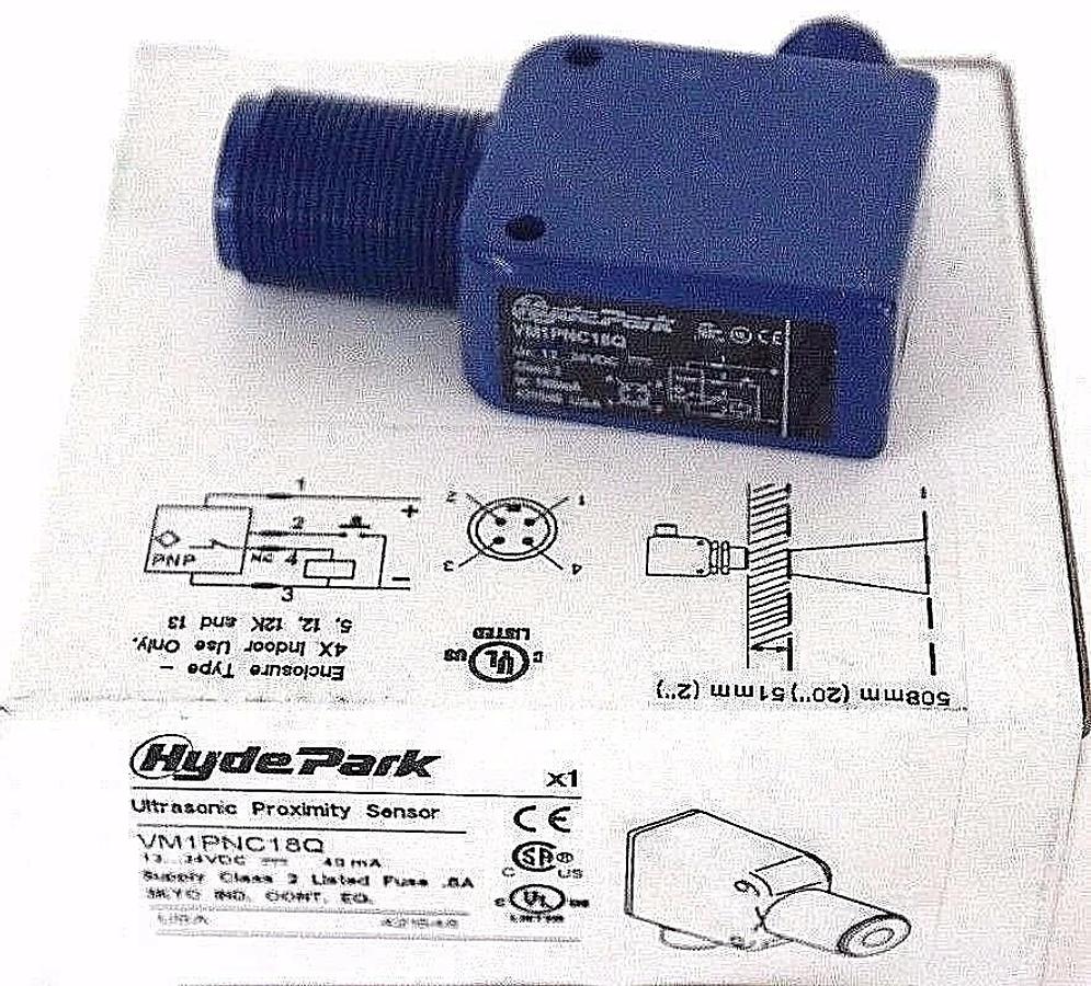 Used NIB HYDE PARK SCHNEIDER VM1PNC18Q ULTRASONIC PROXIMITY SENSOR VM1-PNC-18-Q